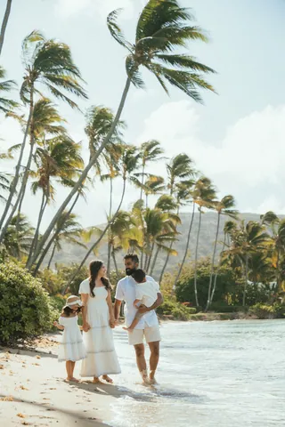 Family walking on the beach with palm trees in Hawaii