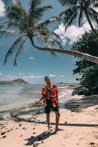 Man in an aloha shirt on a palm beach in Hawaii